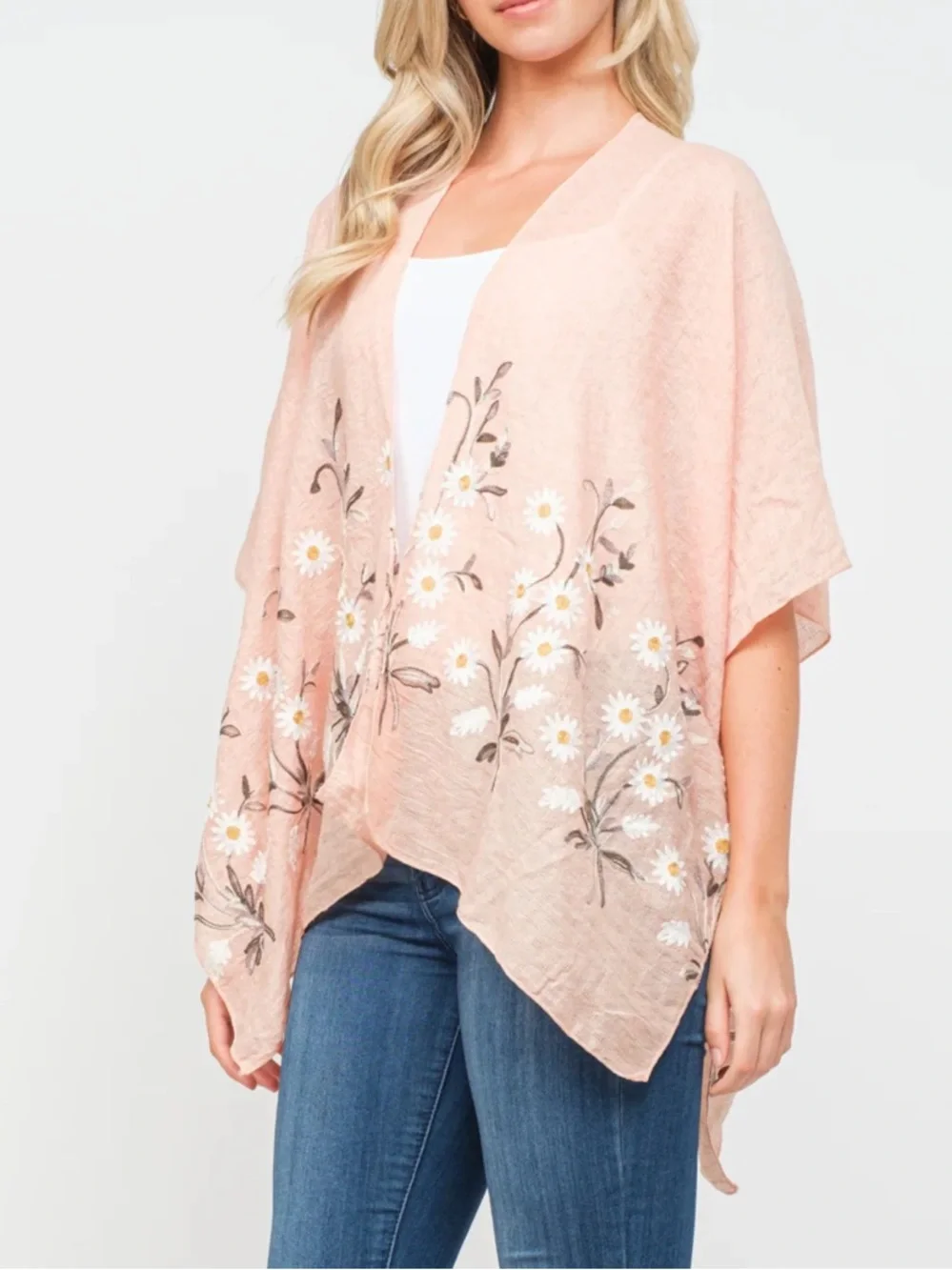 PEACH FLORAL EMBROIDERED DUSTER KIMONO - Picture 3 of 4
